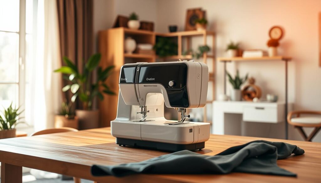 A contemporary and inviting workspace with a sturdy, well-designed Baby Lock Ovation serger prominently placed on a wooden table. The serger is illuminated by warm, natural lighting from a large window, casting soft shadows and highlighting its sleek, modern aesthetic. In the foreground, a sewing project in progress, showcasing the serger's precision and versatility. The middle ground features various sewing accessories and materials, neatly organized, conveying a sense of productivity and craftsmanship. The background depicts a cozy, minimalist home studio environment, with plants and tasteful decor, creating a relaxing and inspirational atmosphere for the user's sewing experience.