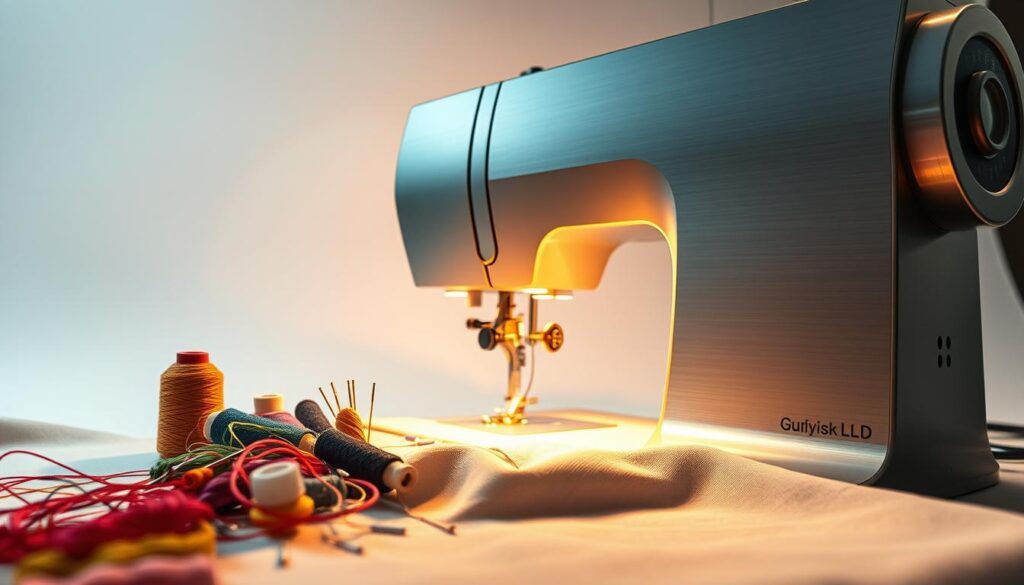 A detailed, well-lit sewing project illuminated by a crisp, modern LED lighting setup. The foreground showcases an array of colorful threads, needles, and delicate fabrics being precisely stitched by an invisible seamstress's hands. In the middle ground, the sleek, brushed-metal body of a high-end sewing machine reflects the warm glow of the LEDs. The background is a clean, minimalist studio space with a plain white backdrop, allowing the intricate sewing work to take center stage. The overall mood is one of focused, professional craftsmanship, with the LED lighting providing a clear, shadowless view of the meticulous stitching.