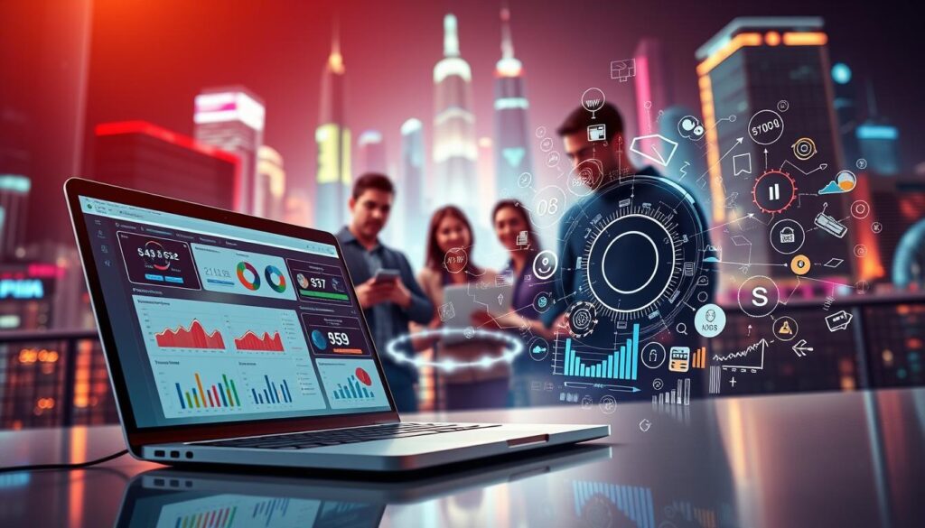 A dynamic, visually striking image of the latest SEO trends. In the foreground, a sleek, modern laptop displays an interactive dashboard with real-time analytics and data visualization. Surrounding it, a swirl of digital elements - colorful graphs, icons, and infographics - artfully conveying the complexities of search engine optimization. In the middle ground, a team of digital marketers and SEO experts, their expressions focused, as they analyze and strategize. The background is a vibrant, futuristic cityscape, symbolizing the fast-paced, ever-evolving nature of the digital landscape. Soft, directional lighting creates depth and highlights the key elements, while a subtle, cinematic mood evokes a sense of anticipation and progress.