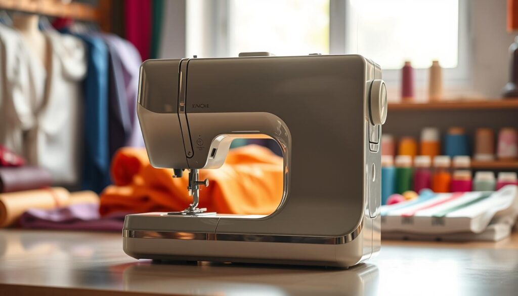 A gleaming sewing machine stands prominently in the foreground, its sleek, modern design hinting at the latest technological advancements. In the middle ground, bolts of vibrant fabrics and spools of colorful threads create a harmonious, inspirational tableau. The background is illuminated by soft, natural lighting, casting a warm, inviting glow that evokes a sense of creativity and innovation. The overall scene conveys a vision of the future of sewing, where cutting-edge features and intuitive interfaces seamlessly blend with the timeless art of textile craftsmanship.