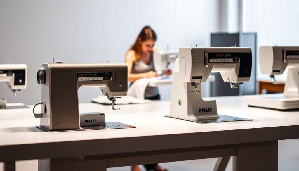 A modern, well-lit studio setting featuring a collection of high-end Pfaff sewing machines in the foreground. The machines are showcased on a sleek, minimalist table, their intricate designs and precision engineering clearly visible. In the middle ground, a seamstress is intently focused on a sewing project, their hands gracefully guiding the fabric through the machine. The background is softly blurred, giving a sense of depth and emphasizing the sewing machines as the focal point. The lighting is balanced, casting subtle shadows and highlights to accentuate the machines' features. The overall mood is one of creativity, professionalism, and the intersection of technology and craftsmanship.