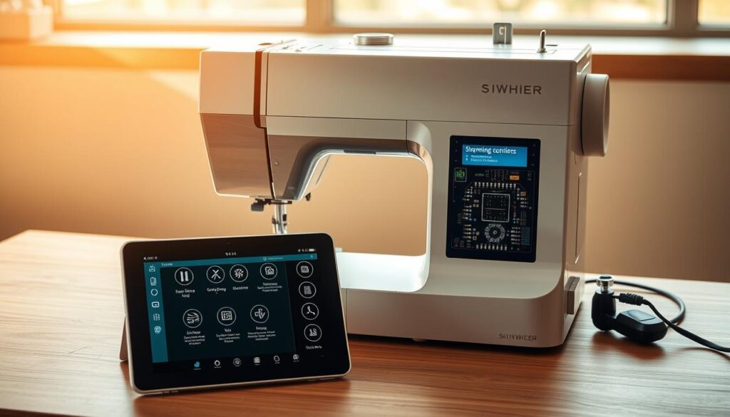 A sleek, modern sewing machine nestled on a minimalist wooden desk, bathed in warm, natural lighting. Intricate circuits and sensors are seamlessly integrated into the machine's design, suggesting advanced technological capabilities. In the foreground, a tablet display showcases intuitive controls and connectivity options, allowing the user to access a wide range of smart features and cloud-based services. The scene evokes a sense of efficiency, precision, and the seamless fusion of traditional craftsmanship with cutting-edge digital technology.