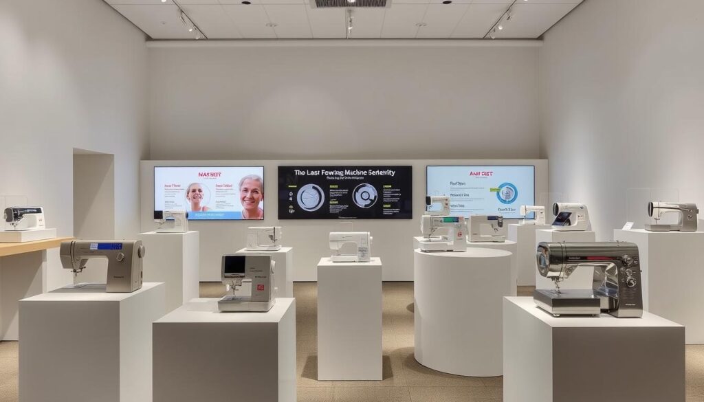 A sleek, modern showroom display featuring the top sewing machine brands for 2025. In the foreground, various state-of-the-art models are showcased on minimalist pedestals, their streamlined designs and chrome accents gleaming under soft, directional lighting. In the middle ground, large, high-resolution displays present key features and capabilities of each brand, enticing potential customers. The background depicts a minimalist, high-ceilinged space with clean lines and muted tones, creating a sophisticated, forward-looking atmosphere befitting the innovative products on display.