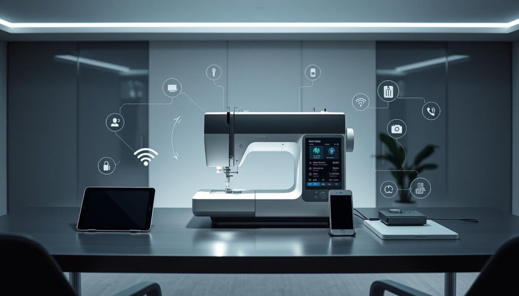 A sleek, modern workspace with a central sewing machine showcasing smart connectivity options. The machine is surrounded by a variety of smart devices, including a tablet, smartphone, and IoT-enabled sensors, all seamlessly connected through wireless protocols. Soft, diffused lighting creates a calm, tech-forward ambiance, while minimalist, contemporary furnishings and materials like brushed metal and tempered glass complement the high-tech aesthetic. The scene conveys the effortless integration of cutting-edge sewing technology with the digital world, reflecting the future of smart sewing.