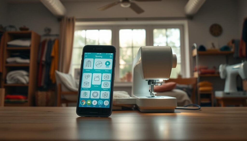 A well-lit, high-resolution image of a modern smartphone screen displaying a variety of intuitive sewing apps. The foreground shows the smartphone's interface with various sewing tools, pattern designs, and connectivity options. The middle ground depicts a sewing machine seamlessly connected to the smartphone, showcasing the integration of digital technology and traditional craftsmanship. The background features a cozy, well-organized sewing room, with fabric bolts, sewing accessories, and natural lighting filtering through large windows, creating a warm and inviting atmosphere. The overall composition emphasizes the harmonious blend of digital and analog elements in the evolving world of smart sewing.