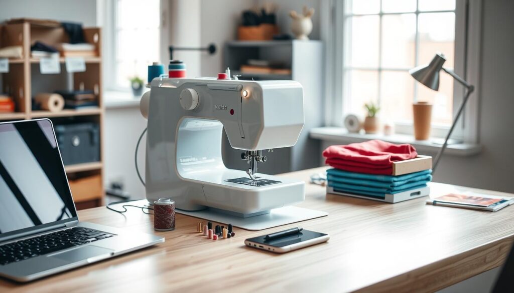 A well-lit home office setting, with a sewing machine prominently displayed on a clean, wooden desk. Various sewing-related items such as spools of thread, needles, and fabric swatches are neatly arranged around the machine. A laptop computer and a smartphone are also present, suggesting the task of researching and finding the right keywords for sewing machine SEO. The overall mood is one of focus and organization, with a warm, natural lighting that enhances the productive atmosphere.