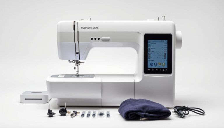 Husqvarna Viking Designer EPIC2 sewing and embroidery machine with its accessories displayed