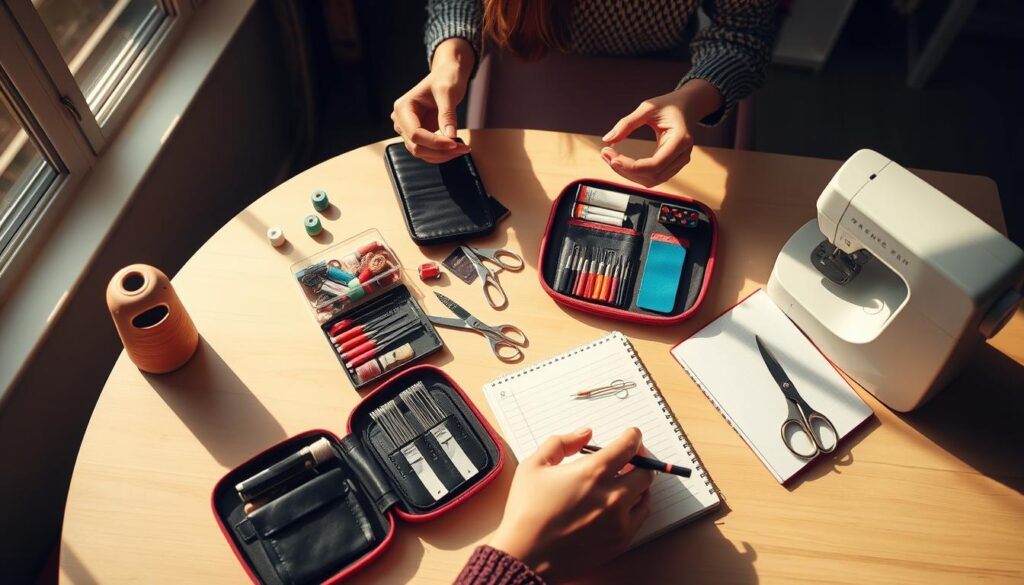 Person examining different sewing kit features before making a purchase decision