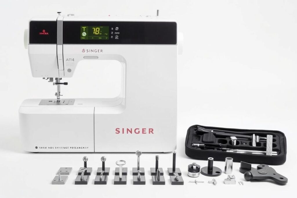 Singer Quantum Stylist 9960 sewing machine with its extensive accessory kit