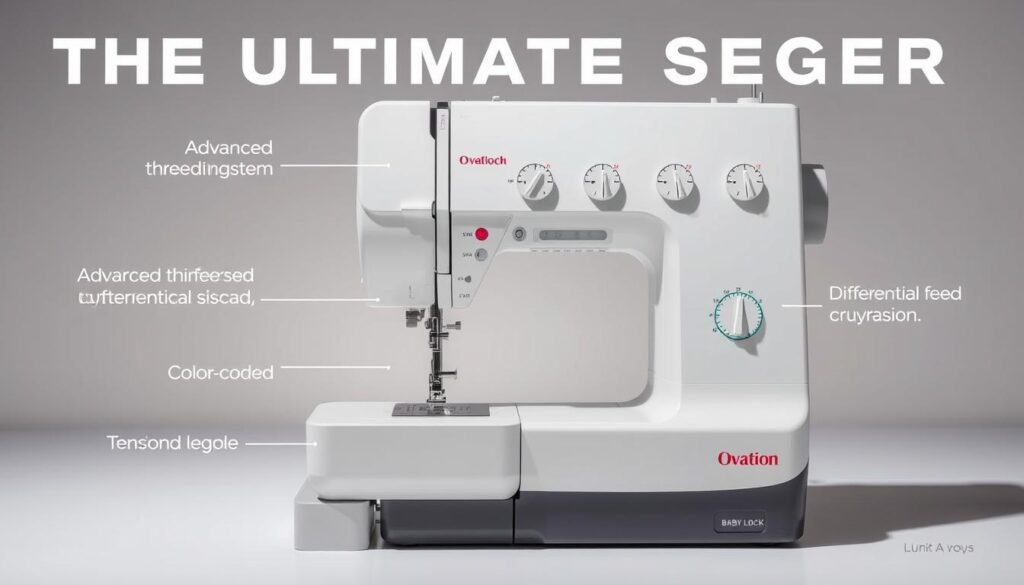 a detailed, high-resolution image of the Baby Lock Ovation serger, showcasing its innovative features in a well-lit, studio-style setting. The image should prominently display the serger's advanced threading system, differential feed, and color-coded tension dials, allowing the viewer to clearly see and understand the unique capabilities of this sewing machine. The background should be clean and neutral, with subtle shadows and highlights to accentuate the serger's design elements. The overall composition should be balanced and visually appealing, capturing the essence of the "Ultimate Serger" and inviting the viewer to explore its innovative features.